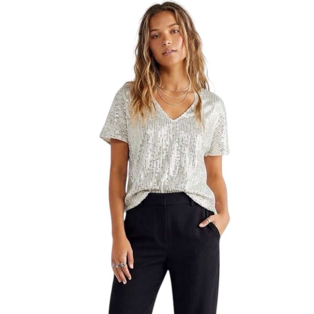 Loft Womens Blouse Sequin Sparkle Holiday Party Festival Short Sleeve Sz XS